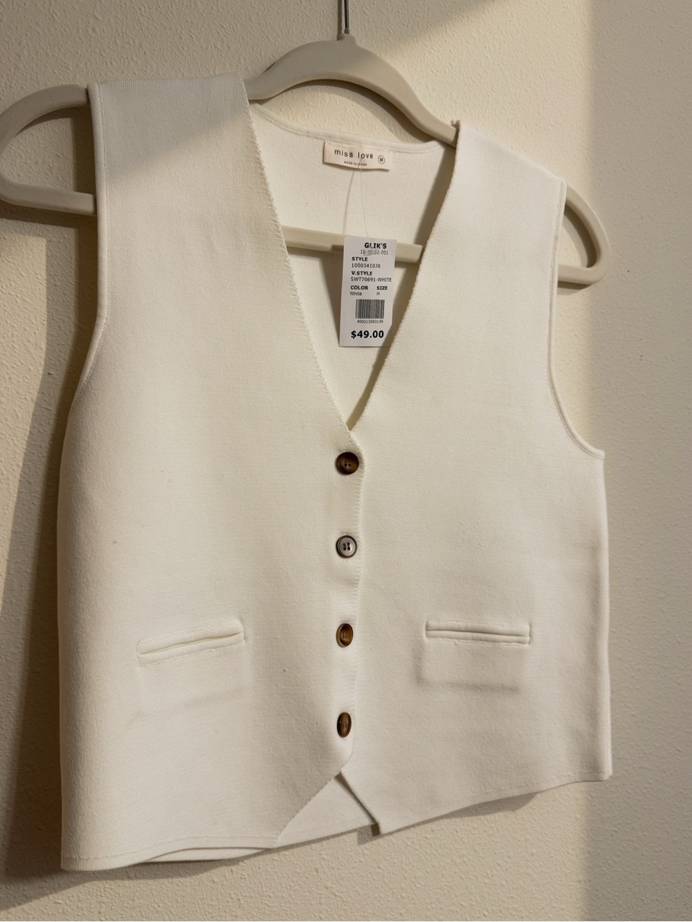 Nwt Miss Love Cream Button Vest with Contrast Buttons